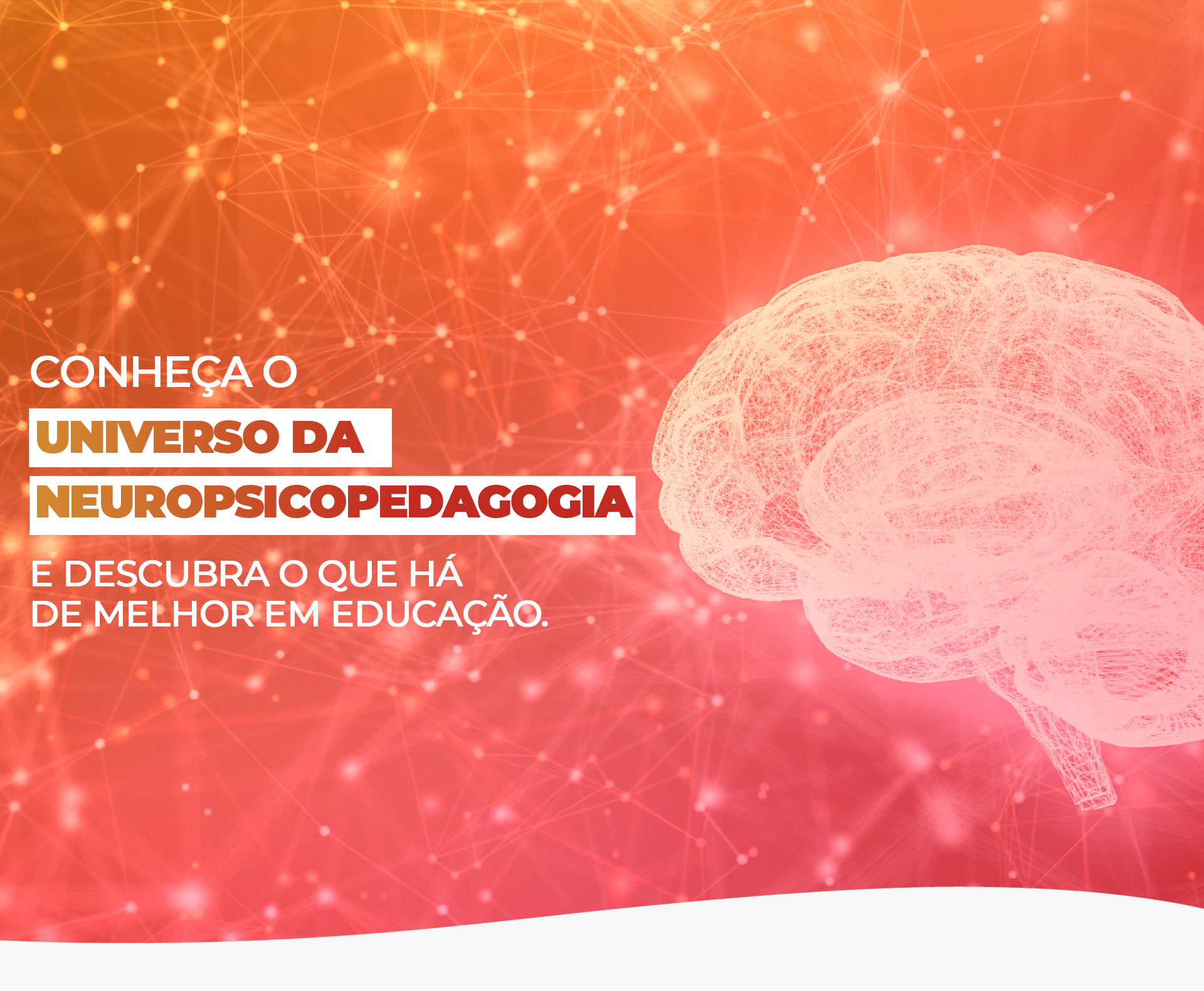 Fundo degrade do laranja para o vermelho, ao lado esquerdo a frase: Conheça o universo da neuropsicopedagogia e descubra o que há de melhor em educação e ao lado direito a imagem de um cérebro.