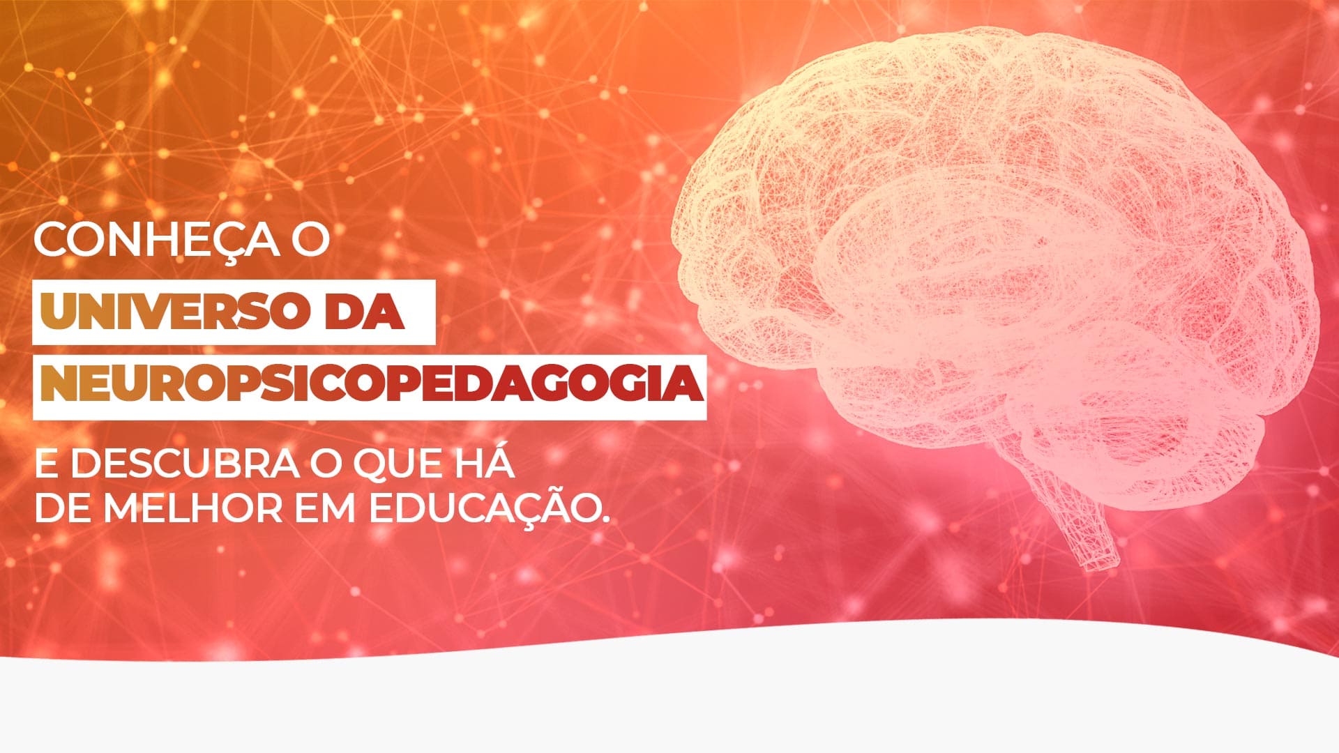 Banner, ao lado esquerdo : Conheça o universo da neuropsicopedagogia e descubra o que há de melhor em educação, lado direito a imagem de um cérebro.